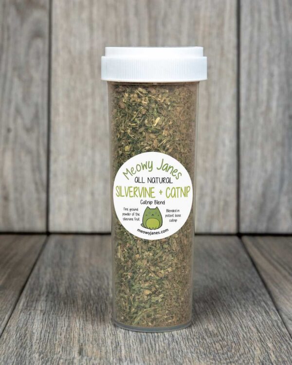 A bottle of a catnip silvervine blend