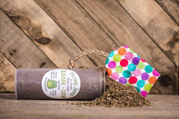 A bottle of a catnip silvervine blend with fabric cat toy