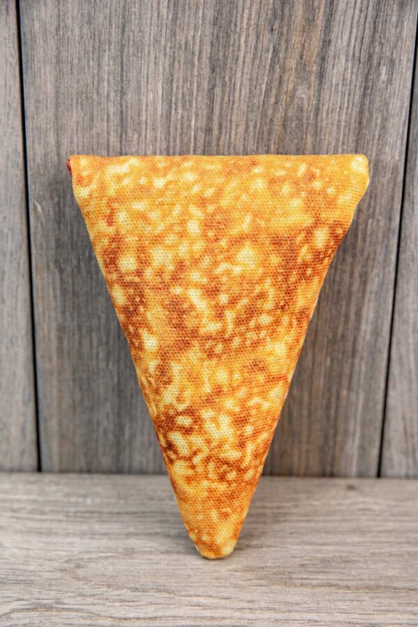 A cat toy sewn from fabric that looks like a realistic pizza slice