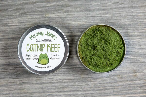 A tin of powdered catnip keef