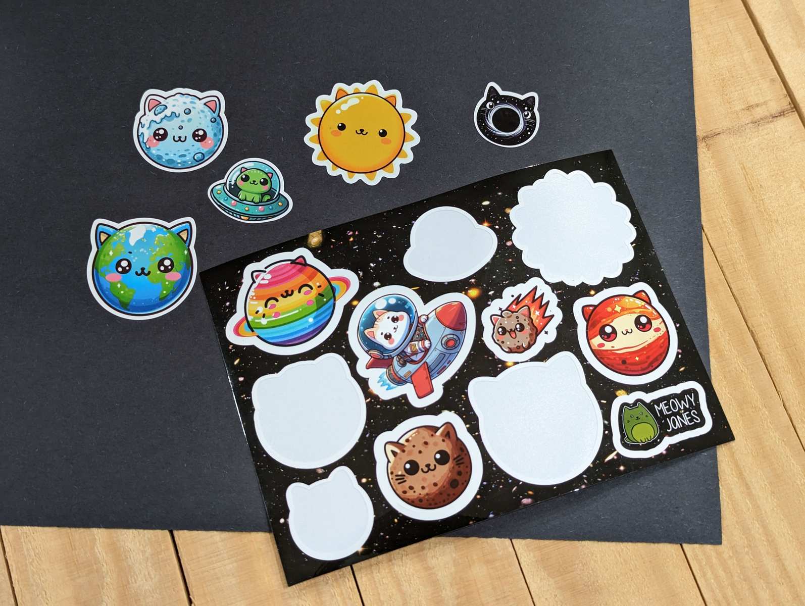 A sheet of stickers of cats that look like planets