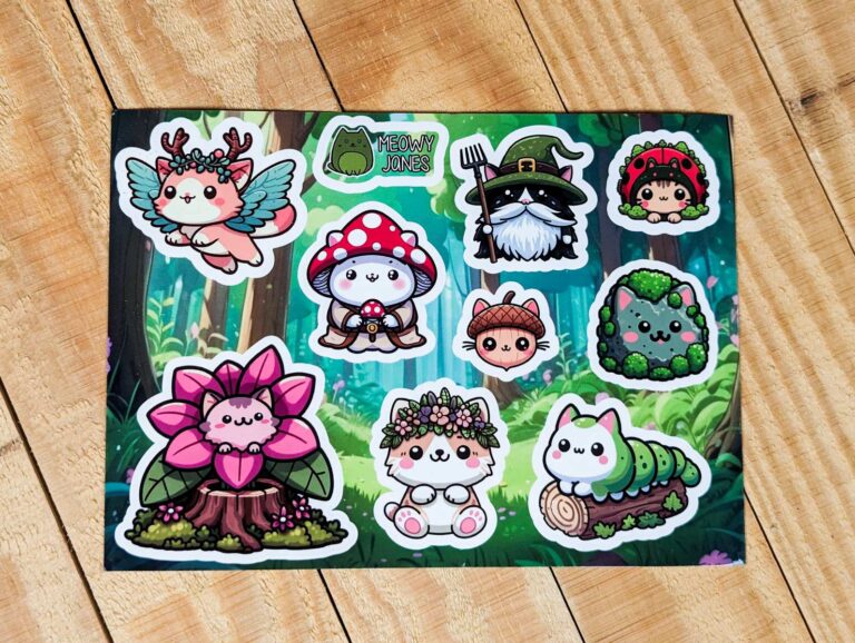 A sticker sheet of forest themed cat stickers 