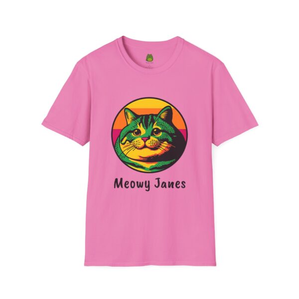 A pink t-shirt with a cat image on the front center. 