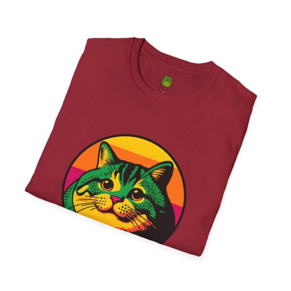 A  red t-shirt with a cat image on the front center. 