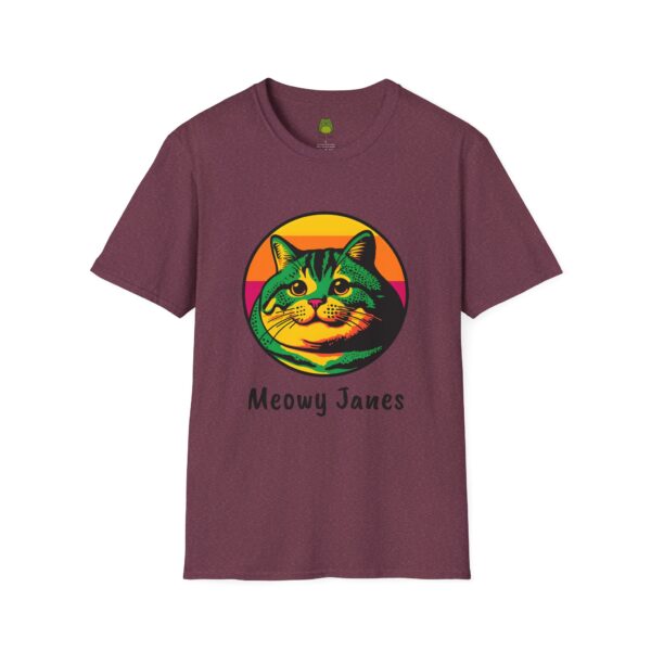 A  burgundy t-shirt with a cat image on the front center. 