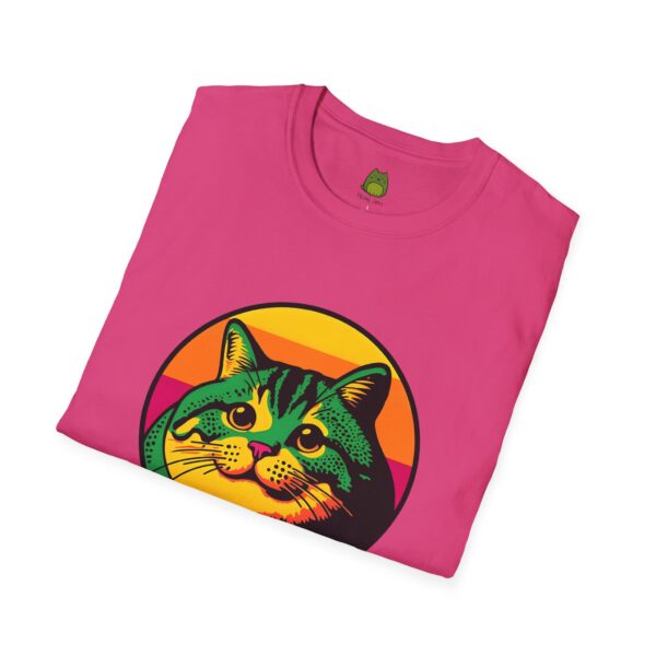 A pink t-shirt with a cat image on the front center. 
