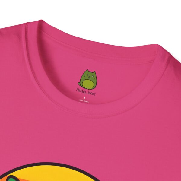 A pink t-shirt with a cat image on the front center. 