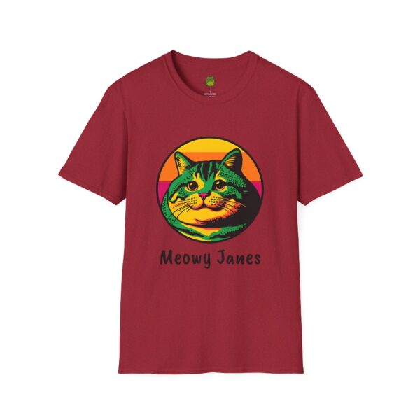 A  red t-shirt with a cat image on the front center. 