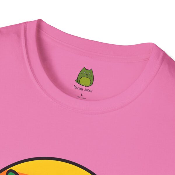 A pink t-shirt with a cat image on the front center. 