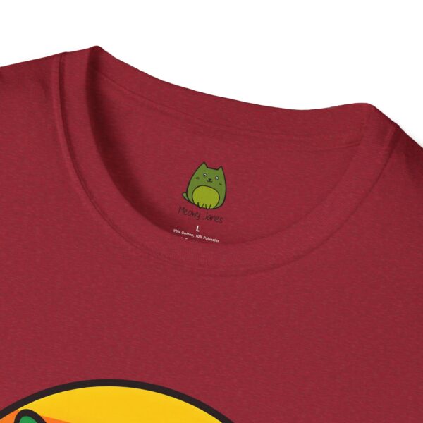 A  red t-shirt with a cat image on the front center. 