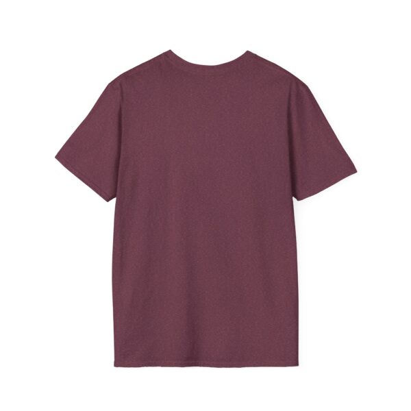 A  burgundy t-shirt with a cat image on the front center. 
