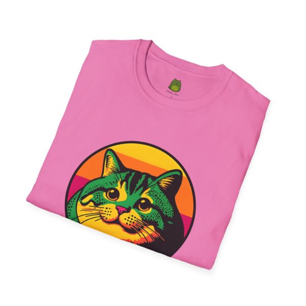 A pink t-shirt with a cat image on the front center. 