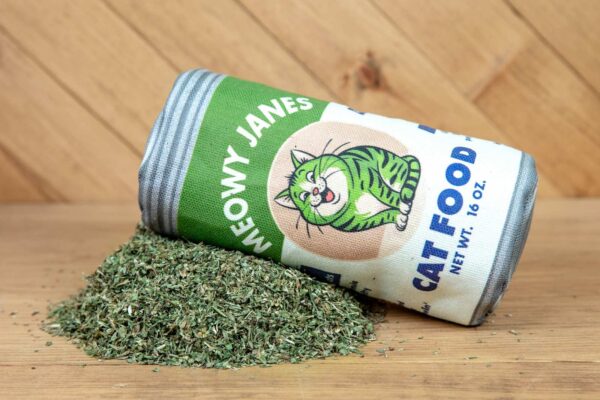 A sewn toy that looks like a can of cat food next to a pile of catnip