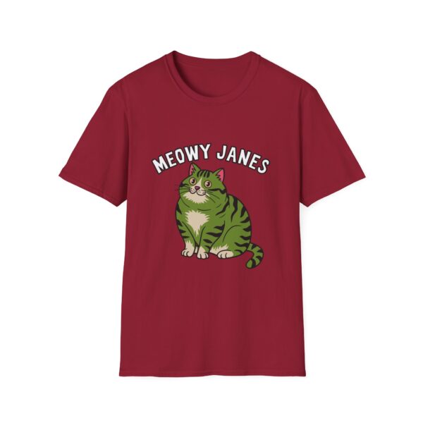 A red t-shirt with a cute green fat in the middle center of it. 
