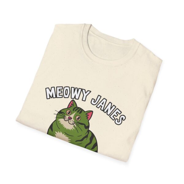 A cream colored t-shirt with a cute green fat in the middle center of it. 