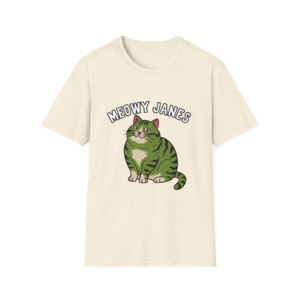 A cream colored t-shirt with a cute green fat in the middle center of it. 