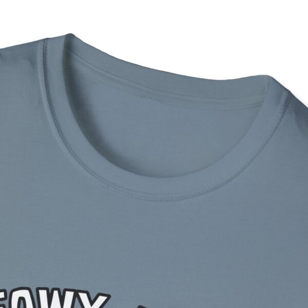A grey t-shirt with a cute green fat in the middle center of it. 