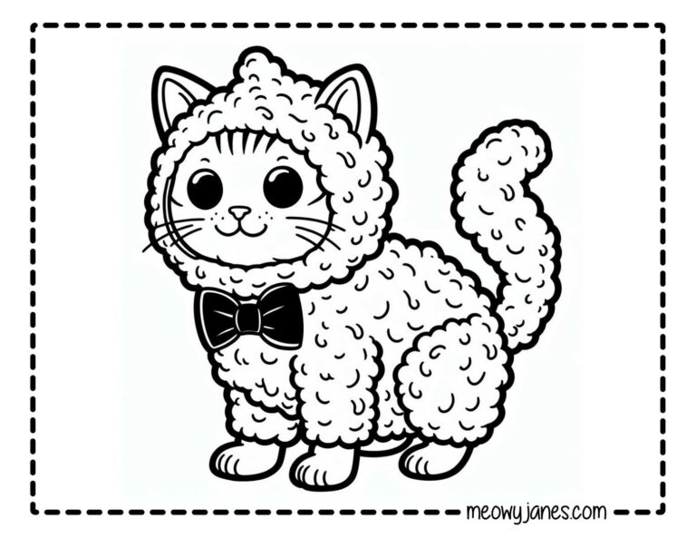 Coloring page of a cat that is dressed up like a chicken nugget