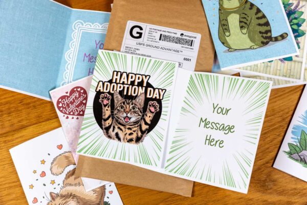 A greeting card with cheering cat with the text Happy Adoption Day