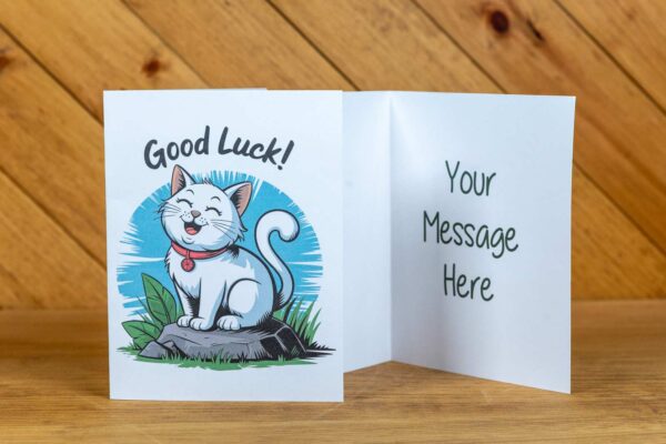 A greeting card with a white cat and the text "good luck" on the front.