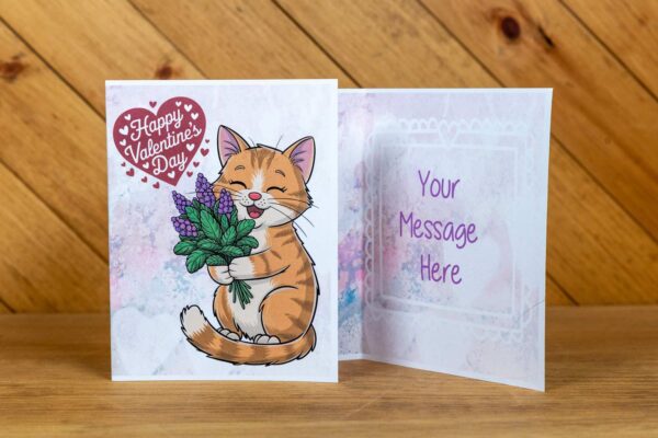 A greeting card with a cat holding a heart shaped balloon