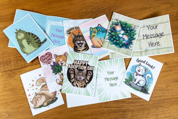 Various greeting cards on a table laying down. 