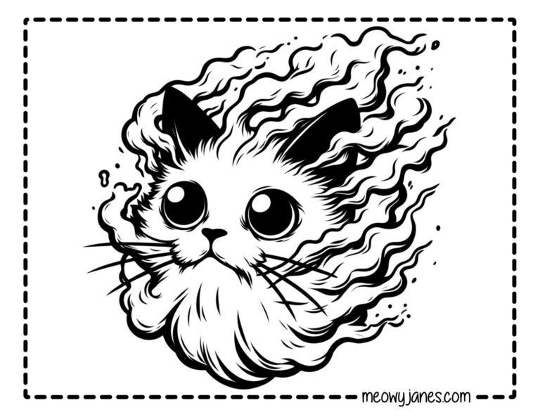 Coloring page of a cat that looks like a cloud or smoking comet